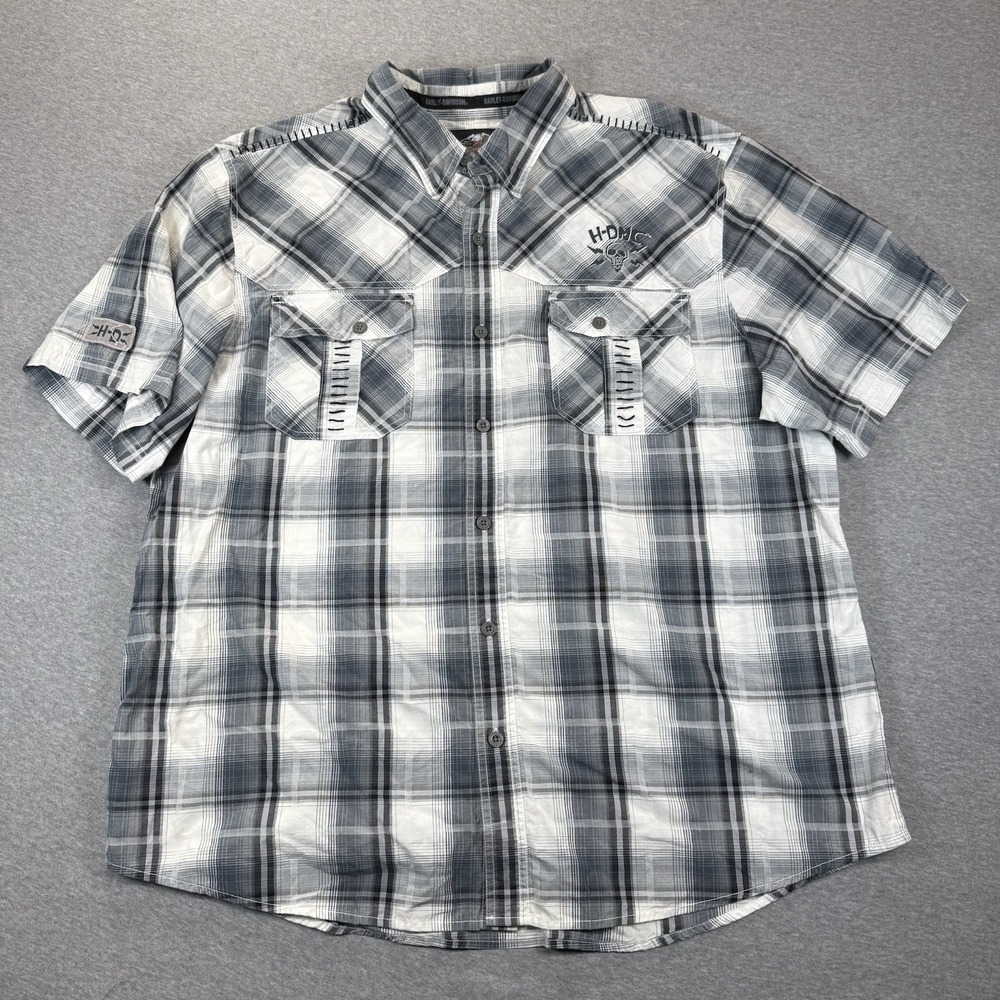 Harley Davidson H-DMC Gray White Plaid Button Up Shirt 96489-15VM Mens 2XL